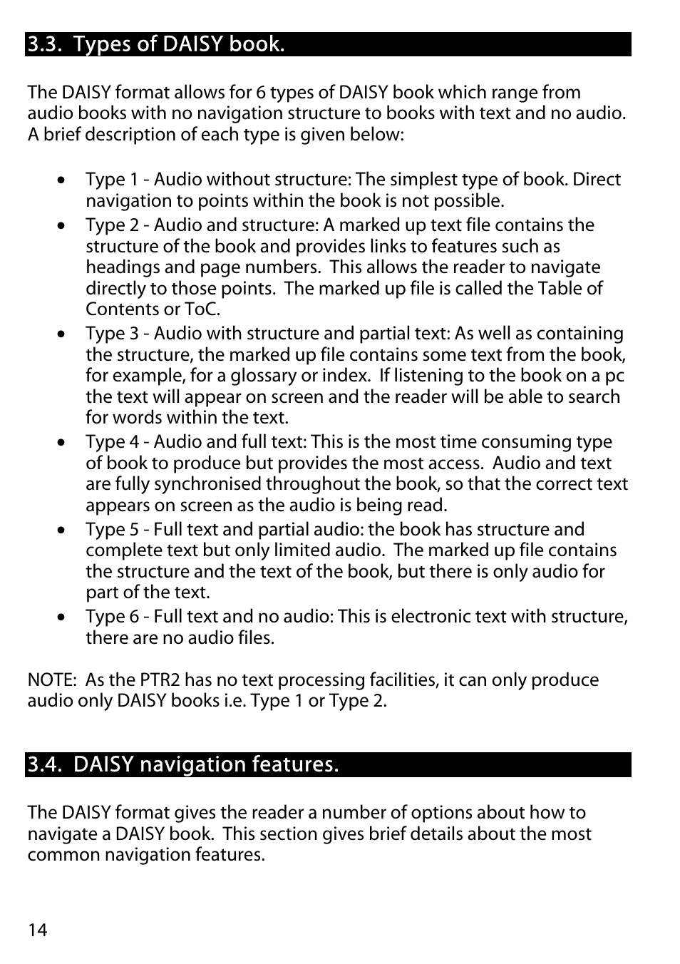 Types of daisy book, Daisy navigation features | Activeforever Plextalk PTR2 Digital DAISY Player and Recorder User Manual | Page 13 / 235