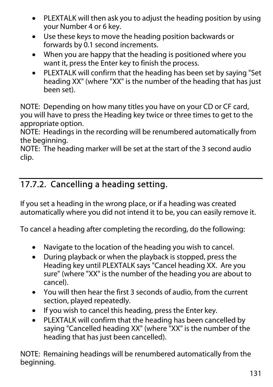 Cancelling a heading setting | Activeforever Plextalk PTR2 Digital DAISY Player and Recorder User Manual | Page 130 / 235