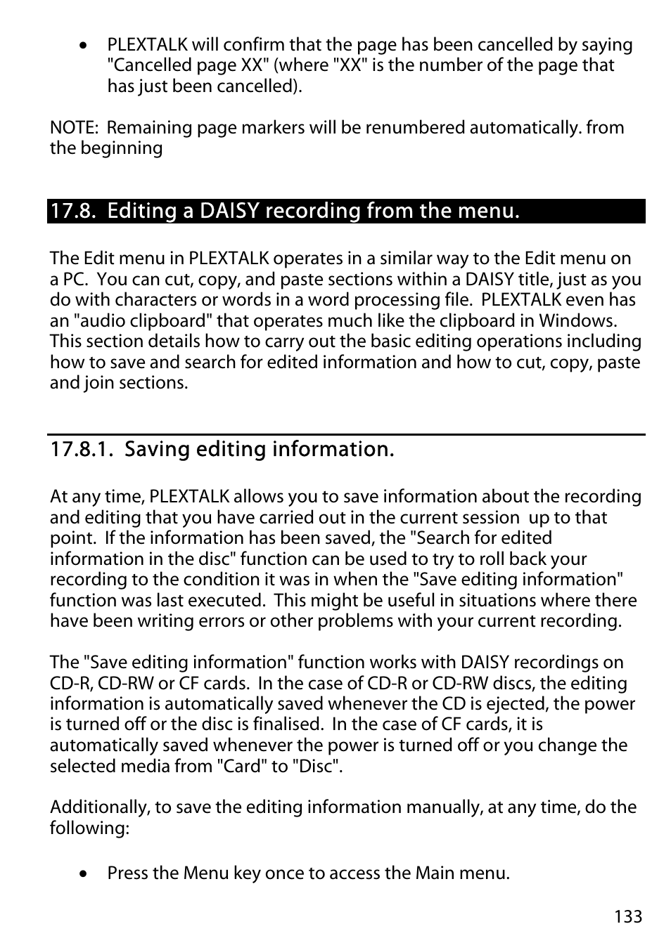 Editing a daisy recording from the menu, Saving editing information | Activeforever Plextalk PTR2 Digital DAISY Player and Recorder User Manual | Page 132 / 235