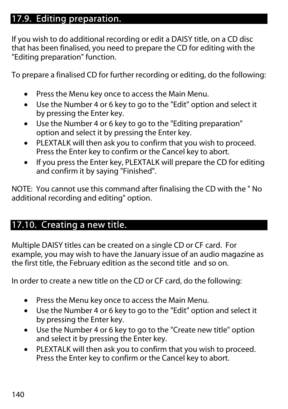 Editing preparation, Creating a new title | Activeforever Plextalk PTR2 Digital DAISY Player and Recorder User Manual | Page 139 / 235