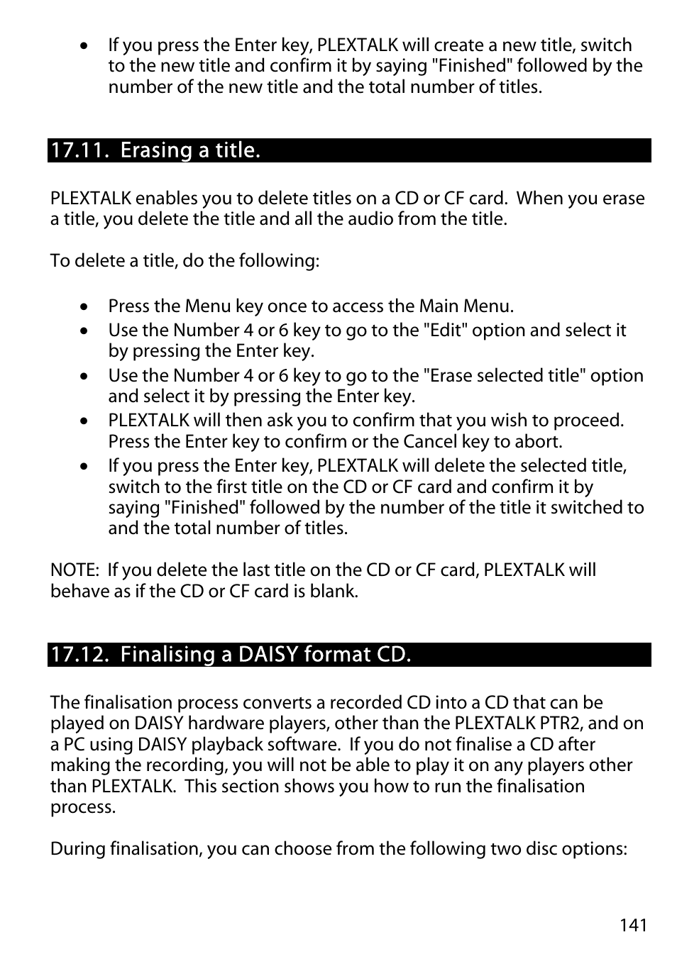 Erasing a title, Finalising a daisy format cd | Activeforever Plextalk PTR2 Digital DAISY Player and Recorder User Manual | Page 140 / 235