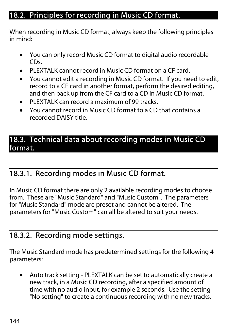Principles for recording in music cd format, Recording modes in music cd format, Recording mode settings | Activeforever Plextalk PTR2 Digital DAISY Player and Recorder User Manual | Page 143 / 235