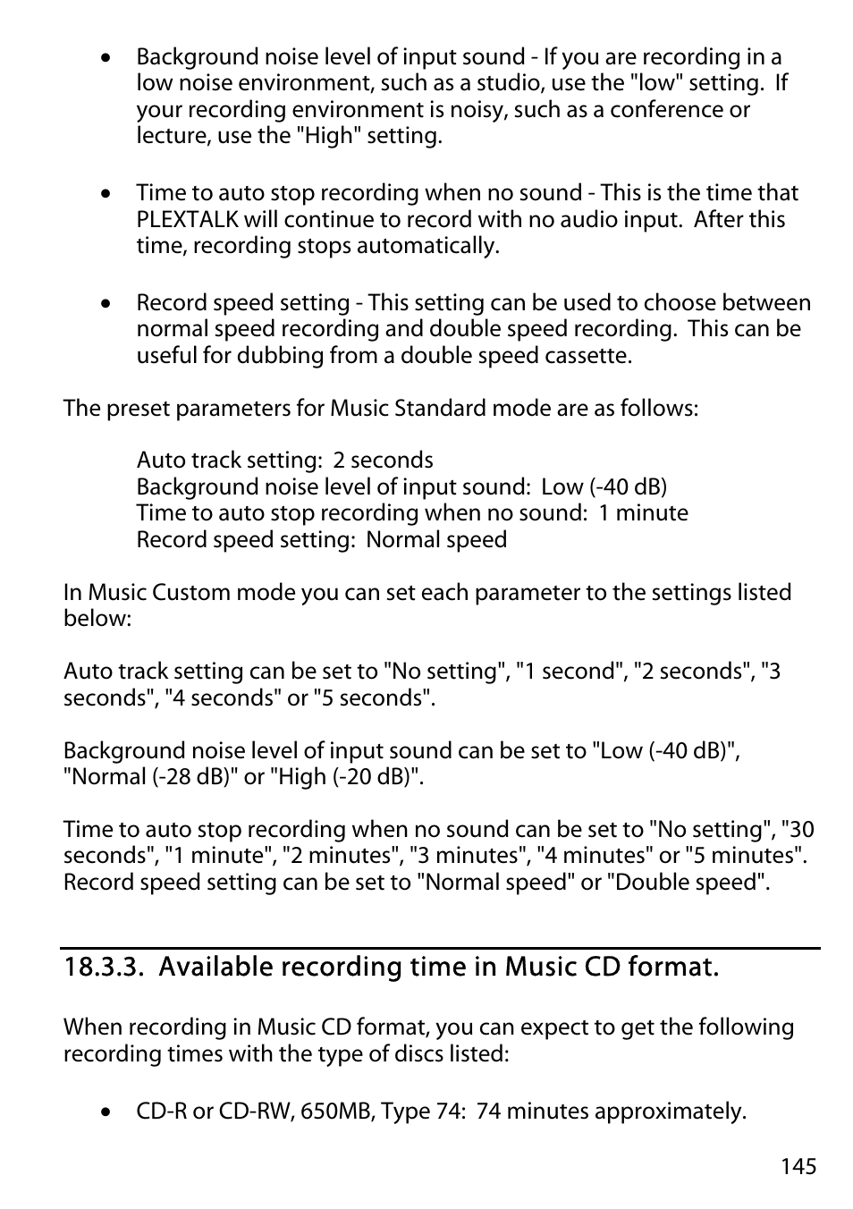 Available recording time in music cd format | Activeforever Plextalk PTR2 Digital DAISY Player and Recorder User Manual | Page 144 / 235