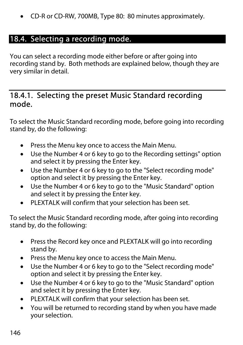 Selecting a recording mode, Selecting the preset music standard recording mode | Activeforever Plextalk PTR2 Digital DAISY Player and Recorder User Manual | Page 145 / 235