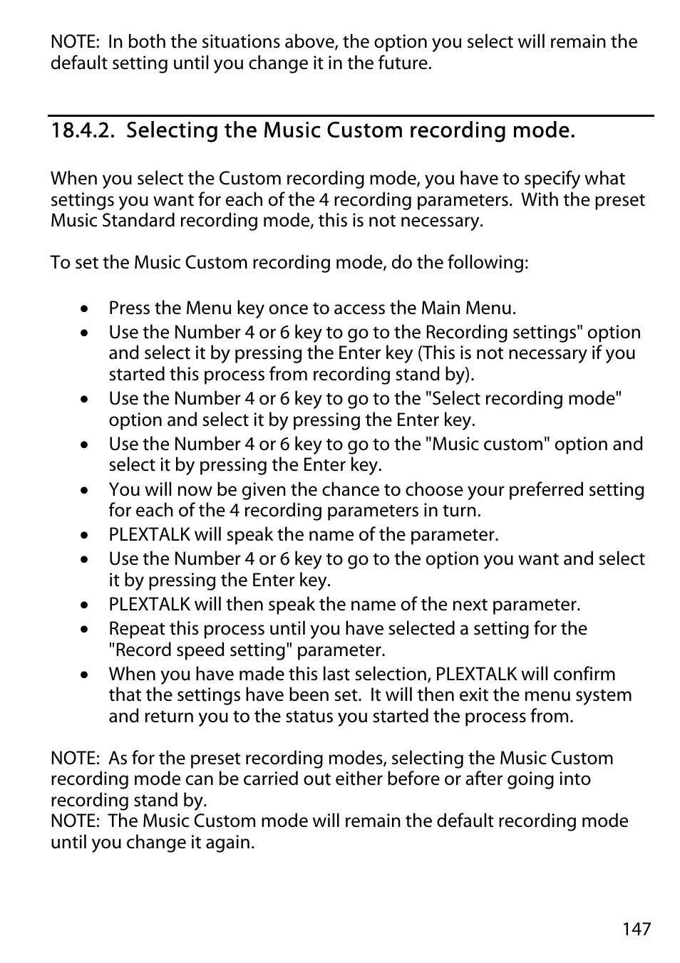 Selecting the music custom recording mode | Activeforever Plextalk PTR2 Digital DAISY Player and Recorder User Manual | Page 146 / 235