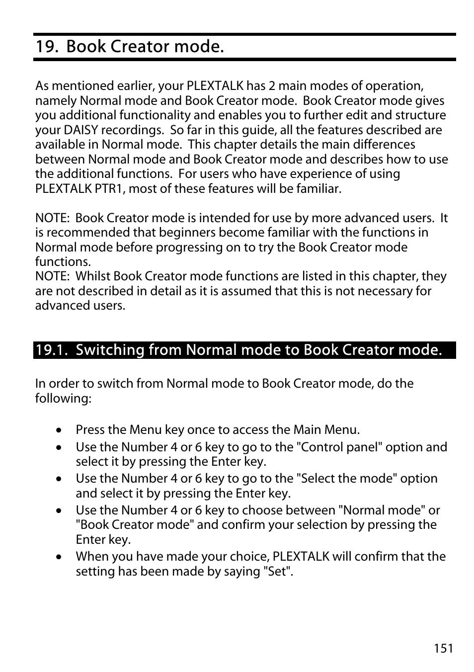 Book creator mode, Switching from normal mode to book creator mode | Activeforever Plextalk PTR2 Digital DAISY Player and Recorder User Manual | Page 150 / 235