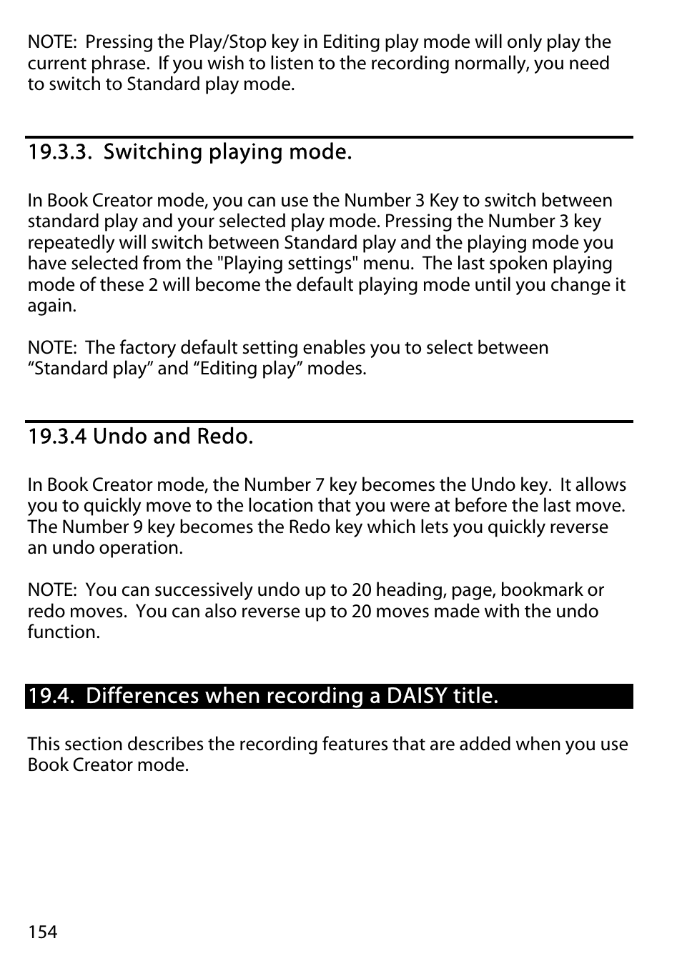 Switching playing mode, 4 undo and redo, Differences when recording a daisy title | Activeforever Plextalk PTR2 Digital DAISY Player and Recorder User Manual | Page 153 / 235