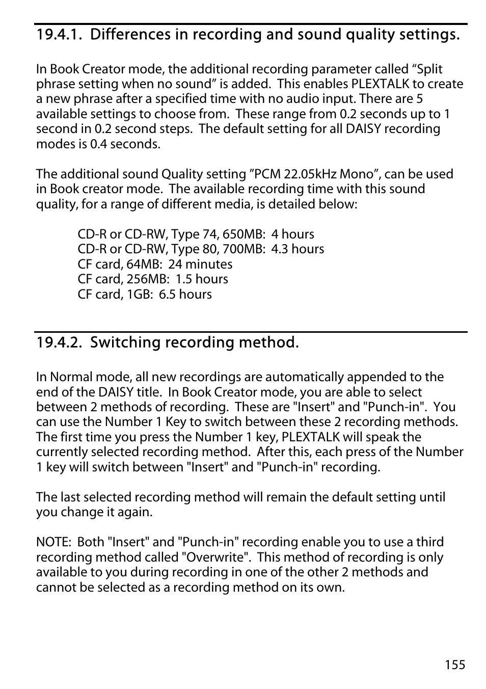 Switching recording method | Activeforever Plextalk PTR2 Digital DAISY Player and Recorder User Manual | Page 154 / 235