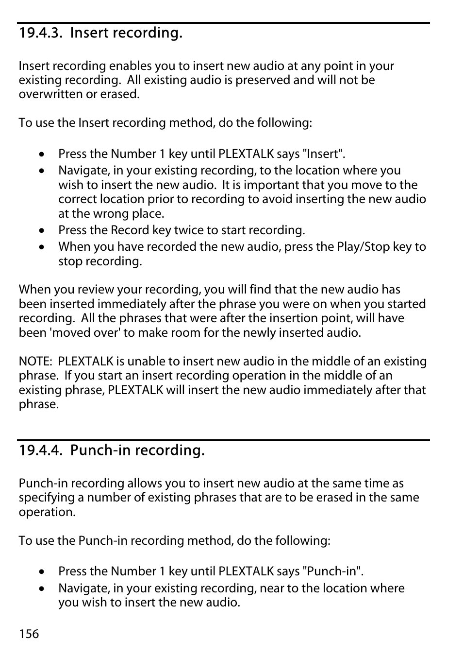 Insert recording, Punch-in recording | Activeforever Plextalk PTR2 Digital DAISY Player and Recorder User Manual | Page 155 / 235