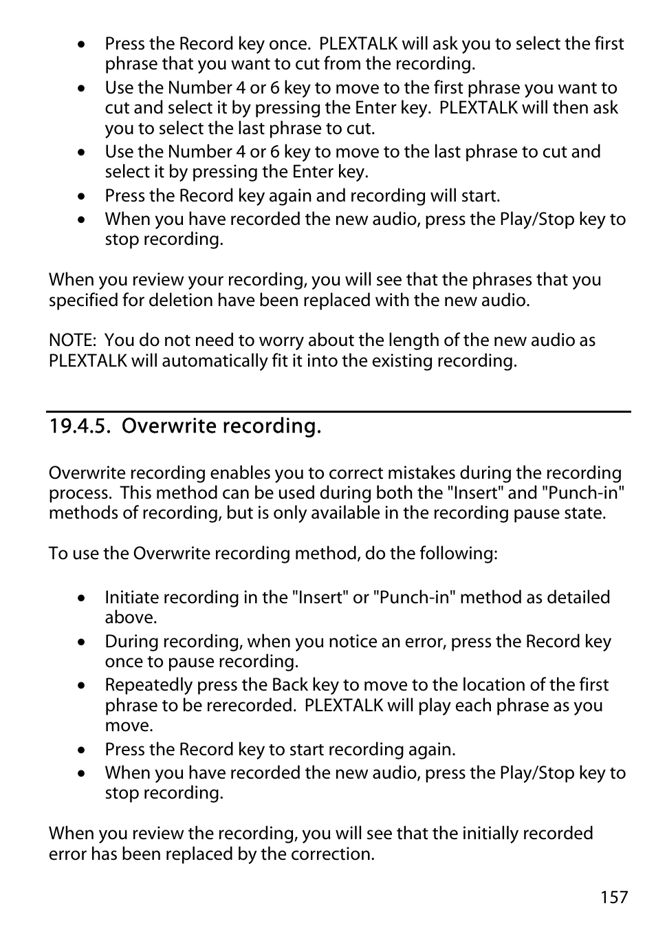 Overwrite recording | Activeforever Plextalk PTR2 Digital DAISY Player and Recorder User Manual | Page 156 / 235