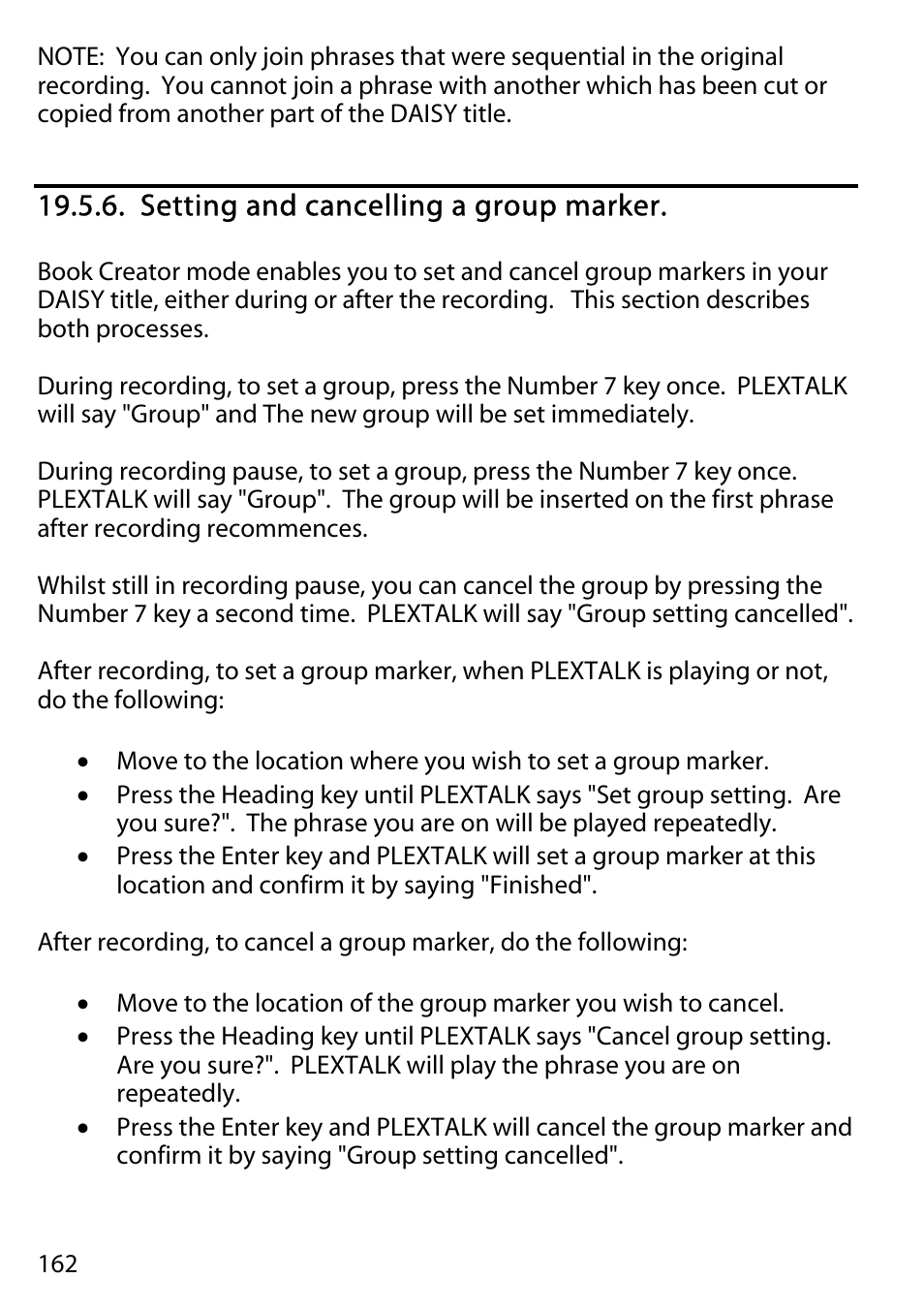 Setting and cancelling a group marker | Activeforever Plextalk PTR2 Digital DAISY Player and Recorder User Manual | Page 161 / 235