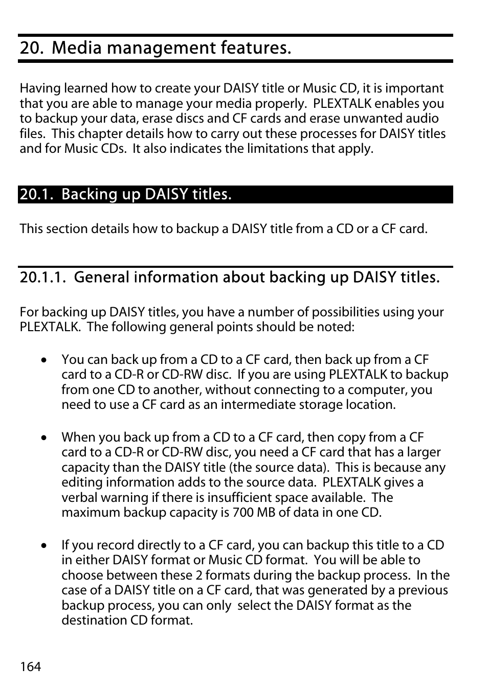 Media management features, Backing up daisy titles, General information about backing up daisy titles | Activeforever Plextalk PTR2 Digital DAISY Player and Recorder User Manual | Page 163 / 235