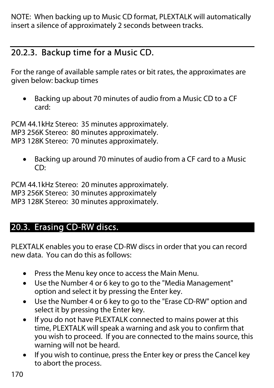 Backup time for a music cd, Erasing cd-rw discs | Activeforever Plextalk PTR2 Digital DAISY Player and Recorder User Manual | Page 169 / 235