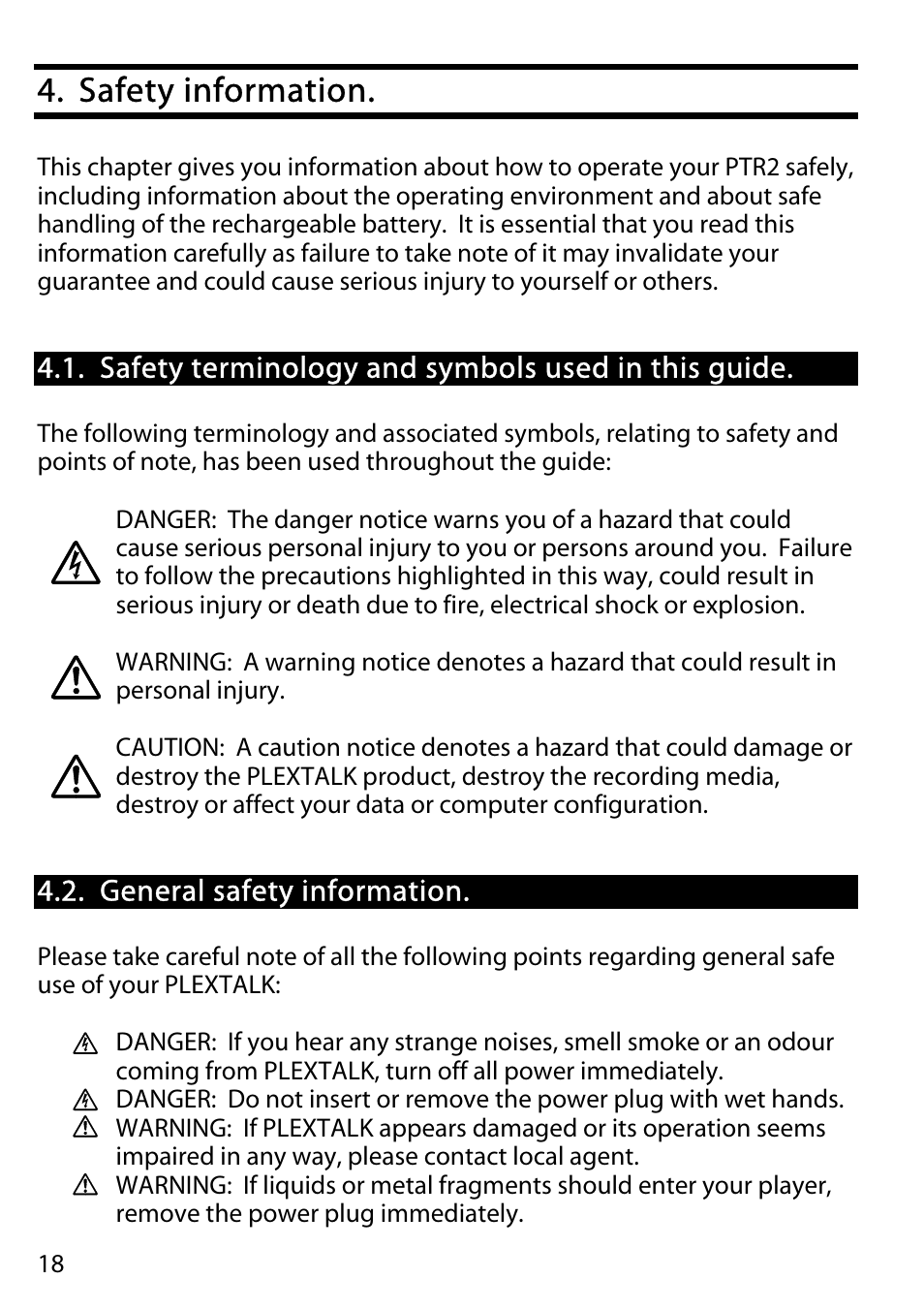 Safety information, Safety terminology and symbols used in this guide, General safety information | Activeforever Plextalk PTR2 Digital DAISY Player and Recorder User Manual | Page 17 / 235