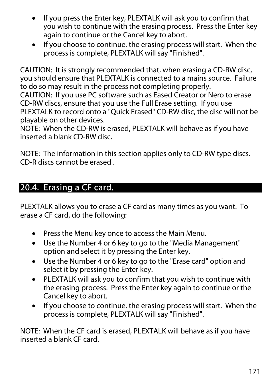 Erasing a cf card | Activeforever Plextalk PTR2 Digital DAISY Player and Recorder User Manual | Page 170 / 235