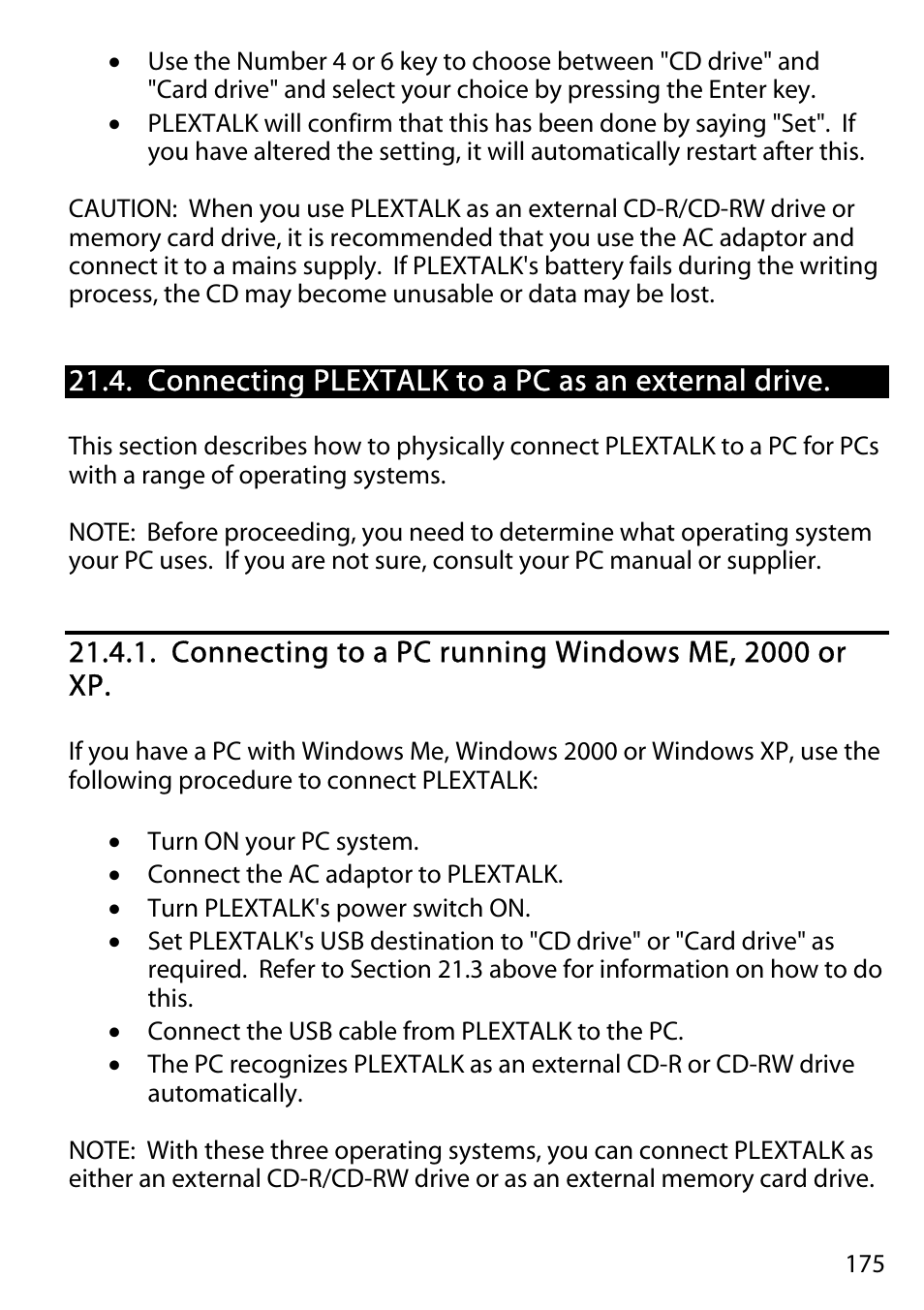 Connecting plextalk to a pc as an external drive, Connecting to a pc running windows me, 2000 or xp | Activeforever Plextalk PTR2 Digital DAISY Player and Recorder User Manual | Page 174 / 235