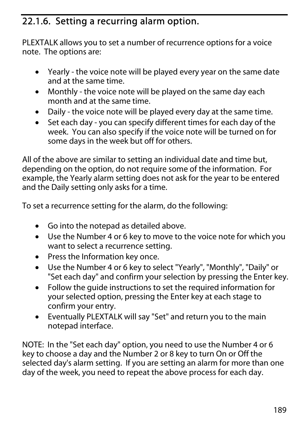 Setting a recurring alarm option | Activeforever Plextalk PTR2 Digital DAISY Player and Recorder User Manual | Page 188 / 235
