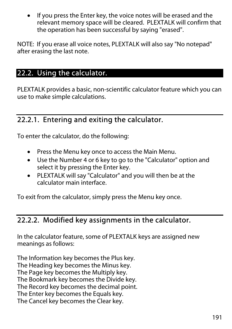 Using the calculator, Entering and exiting the calculator, Modified key assignments in the calculator | Activeforever Plextalk PTR2 Digital DAISY Player and Recorder User Manual | Page 190 / 235