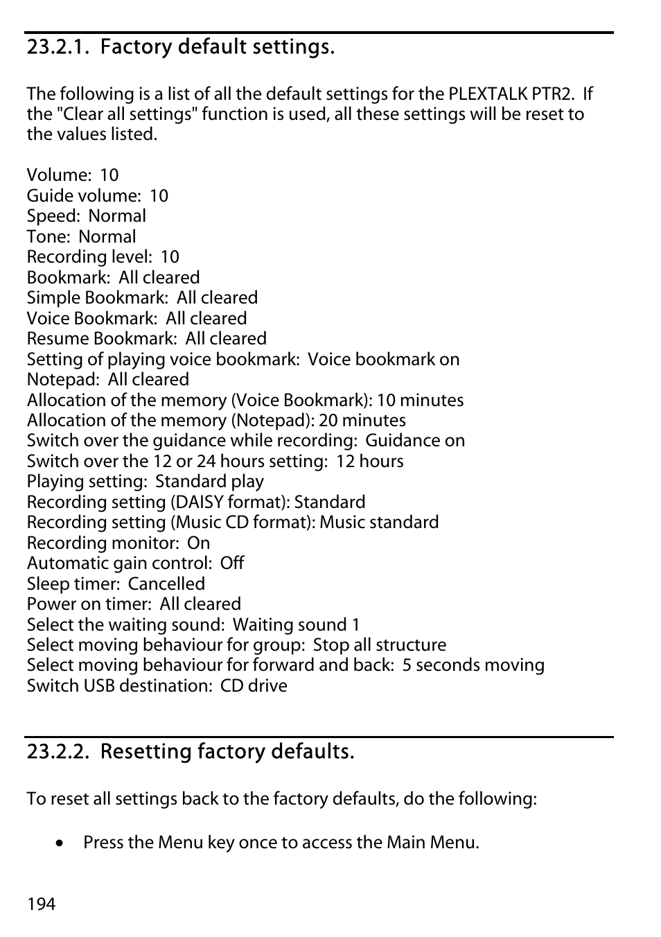 Factory default settings, Resetting factory defaults | Activeforever Plextalk PTR2 Digital DAISY Player and Recorder User Manual | Page 193 / 235