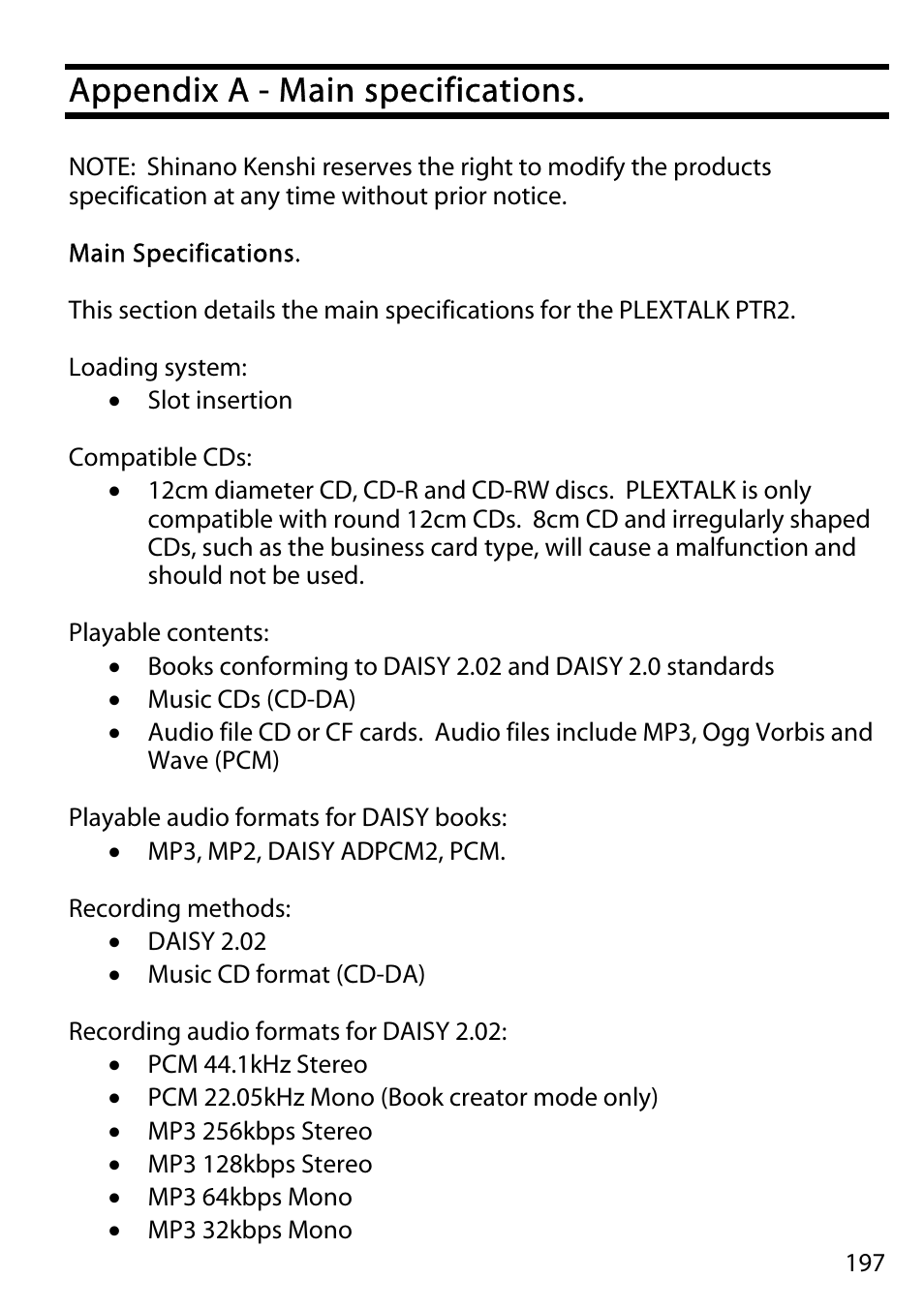 Appendix a - main specifications | Activeforever Plextalk PTR2 Digital DAISY Player and Recorder User Manual | Page 196 / 235