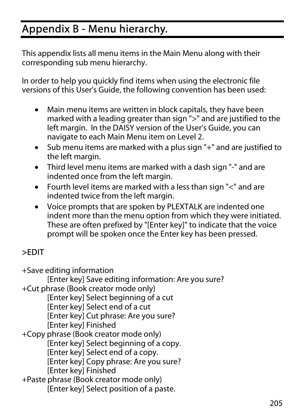 Appendix b - menu hierarchy | Activeforever Plextalk PTR2 Digital DAISY Player and Recorder User Manual | Page 204 / 235