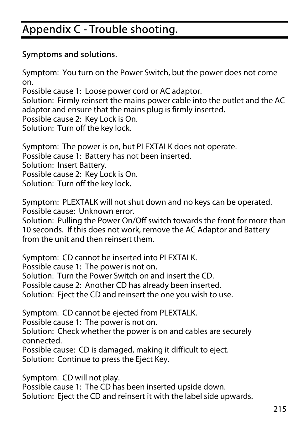 Appendix c - trouble shooting | Activeforever Plextalk PTR2 Digital DAISY Player and Recorder User Manual | Page 214 / 235