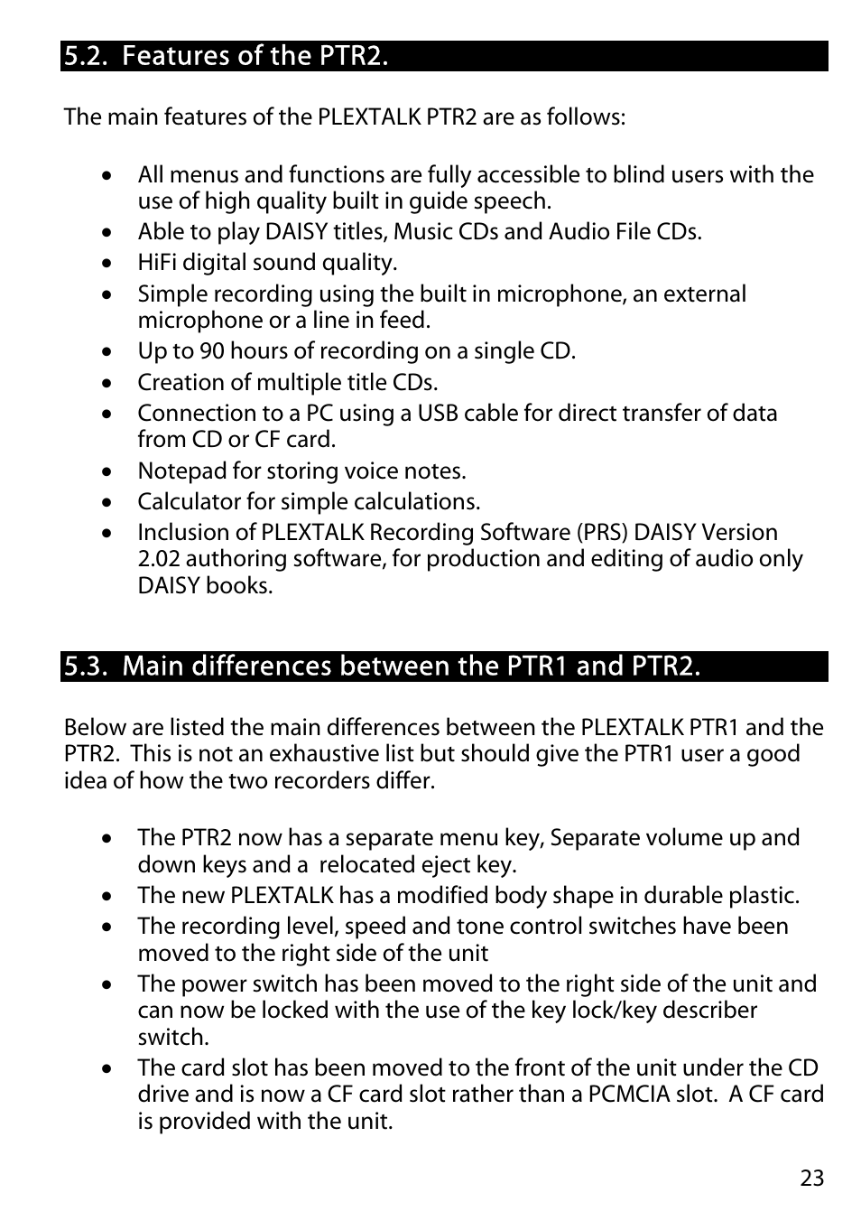 Features of the ptr2, Main differences between the ptr1 and ptr2 | Activeforever Plextalk PTR2 Digital DAISY Player and Recorder User Manual | Page 22 / 235