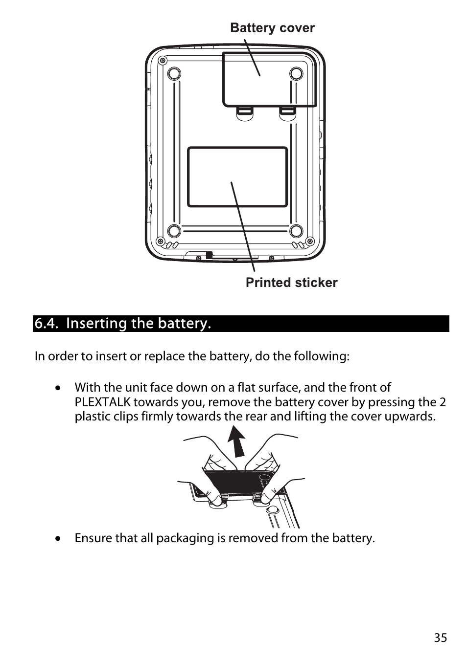 Inserting the battery | Activeforever Plextalk PTR2 Digital DAISY Player and Recorder User Manual | Page 34 / 235