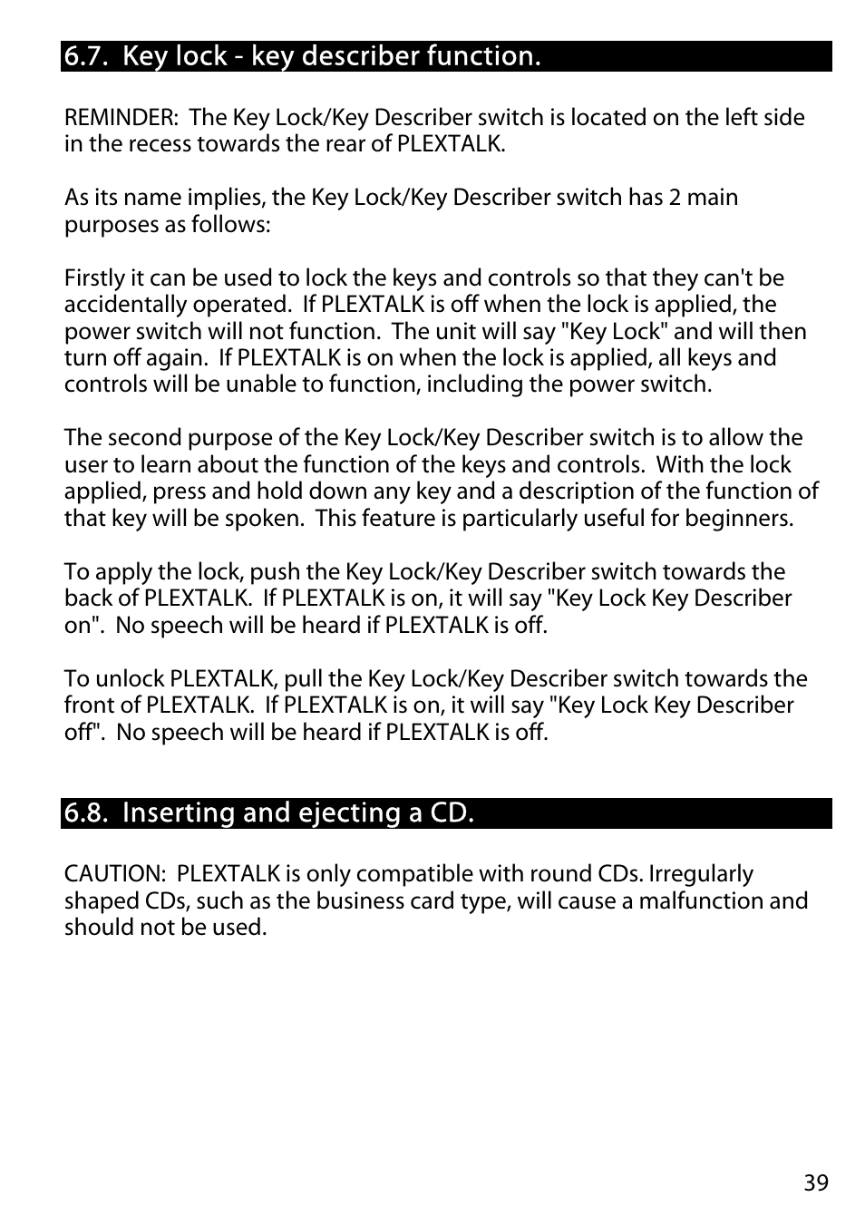 Key lock - key describer function, Inserting and ejecting a cd | Activeforever Plextalk PTR2 Digital DAISY Player and Recorder User Manual | Page 38 / 235