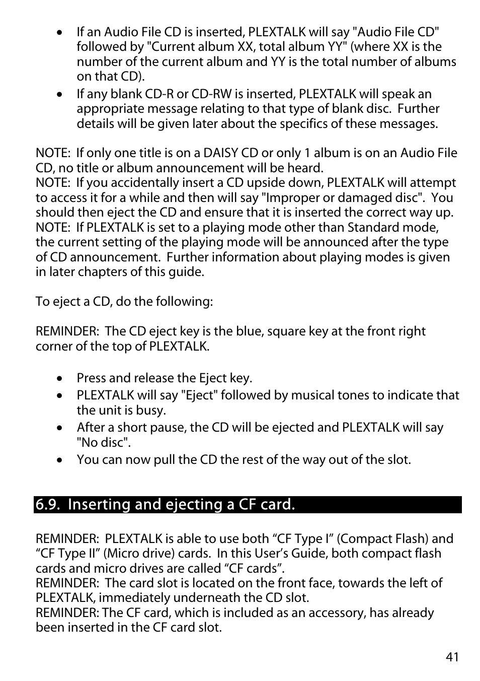 Inserting and ejecting a cf card | Activeforever Plextalk PTR2 Digital DAISY Player and Recorder User Manual | Page 40 / 235