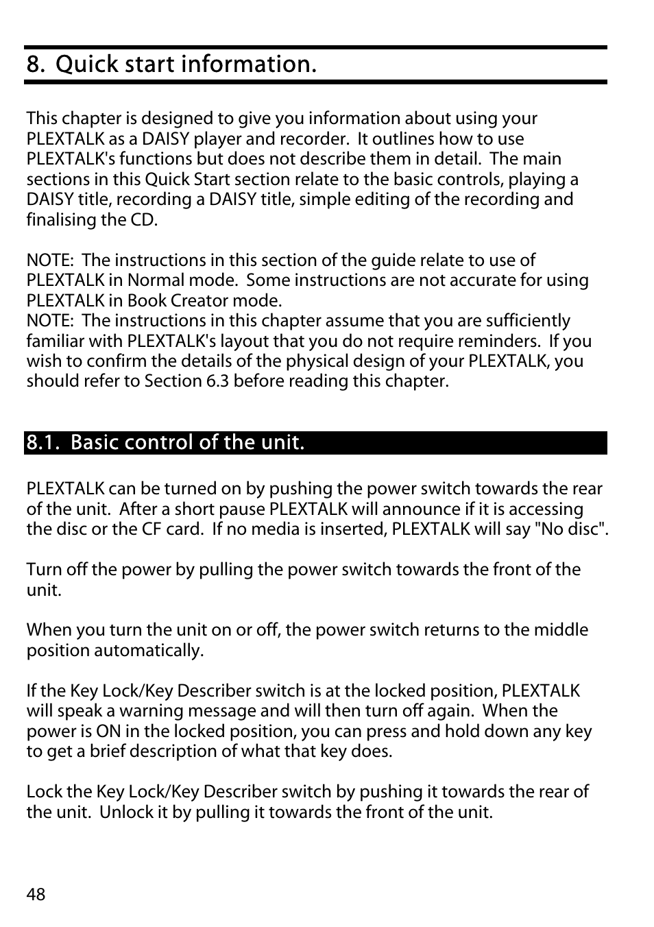 Quick start information, Basic control of the unit | Activeforever Plextalk PTR2 Digital DAISY Player and Recorder User Manual | Page 47 / 235