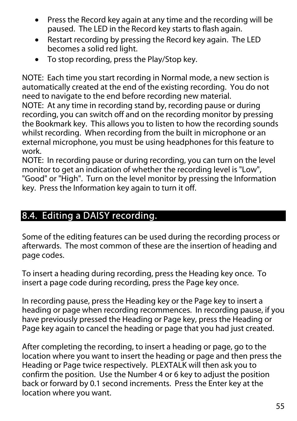 Editing a daisy recording | Activeforever Plextalk PTR2 Digital DAISY Player and Recorder User Manual | Page 54 / 235
