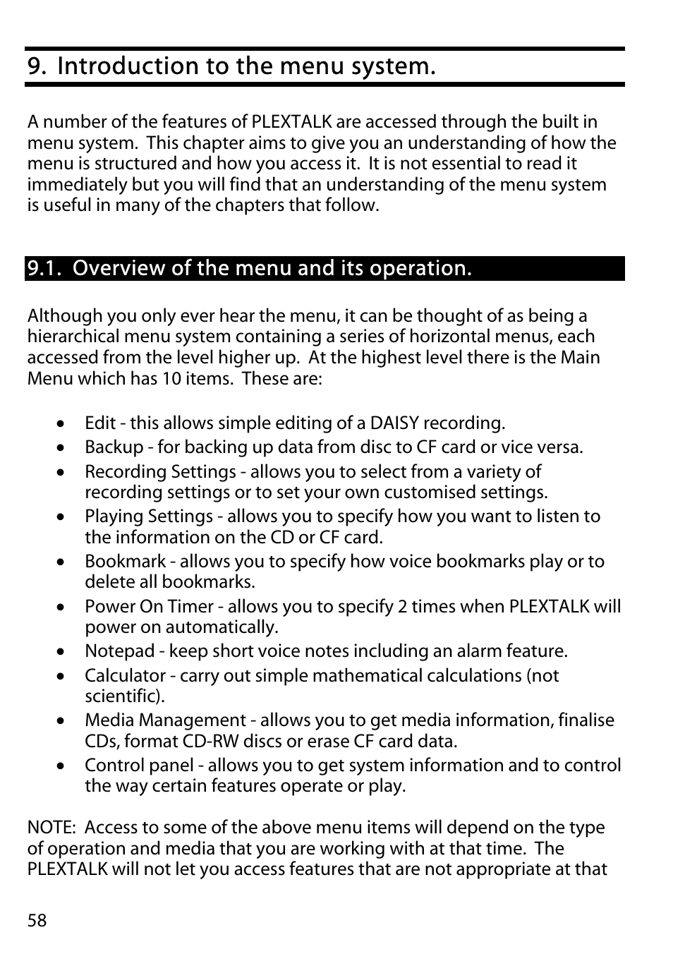Introduction to the menu system, Overview of the menu and its operation | Activeforever Plextalk PTR2 Digital DAISY Player and Recorder User Manual | Page 57 / 235