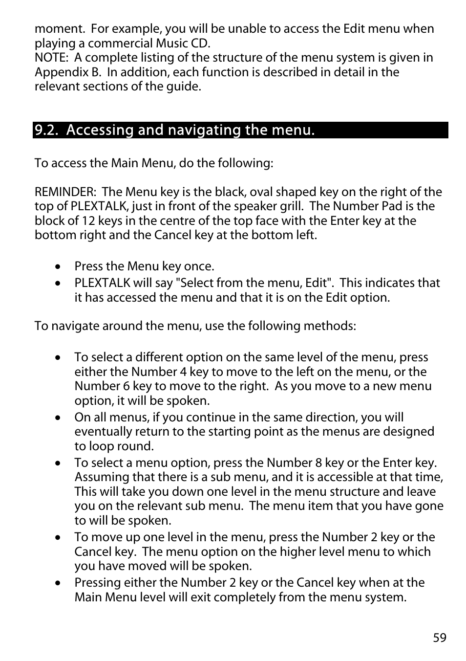 Accessing and navigating the menu | Activeforever Plextalk PTR2 Digital DAISY Player and Recorder User Manual | Page 58 / 235