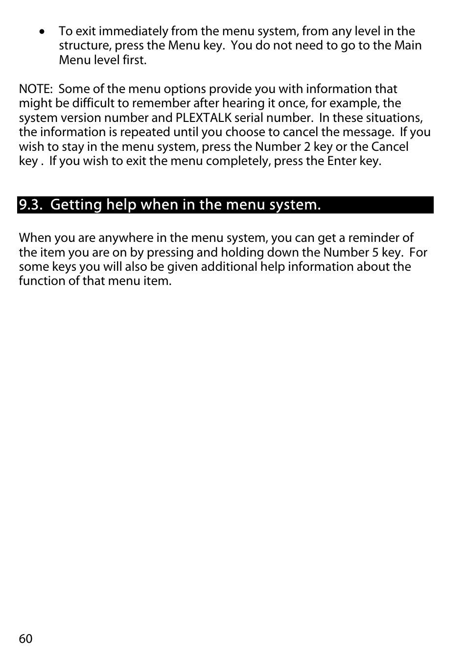 Getting help when in the menu system | Activeforever Plextalk PTR2 Digital DAISY Player and Recorder User Manual | Page 59 / 235
