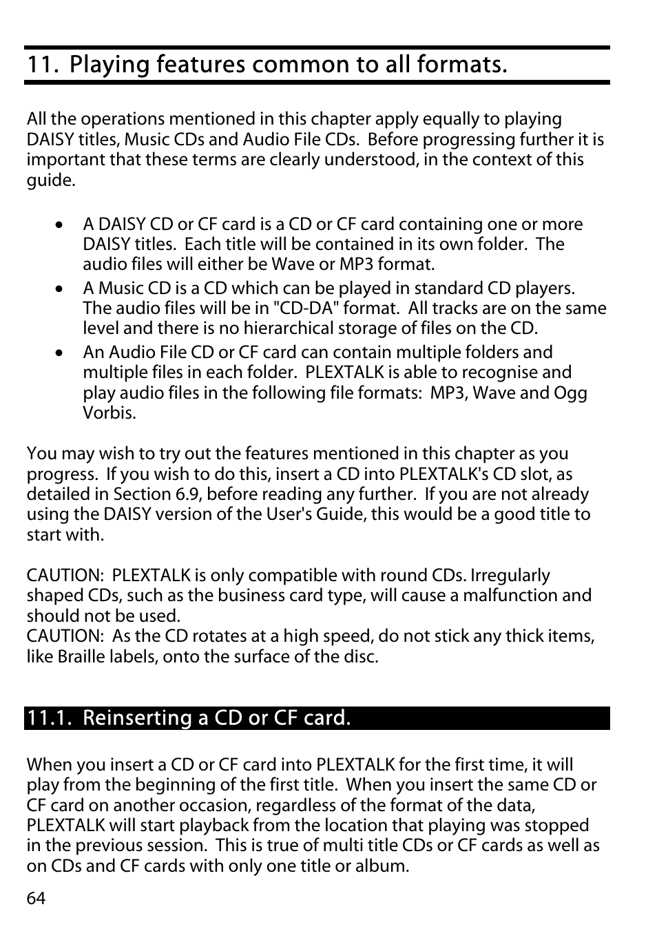 Playing features common to all formats, Reinserting a cd or cf card | Activeforever Plextalk PTR2 Digital DAISY Player and Recorder User Manual | Page 63 / 235