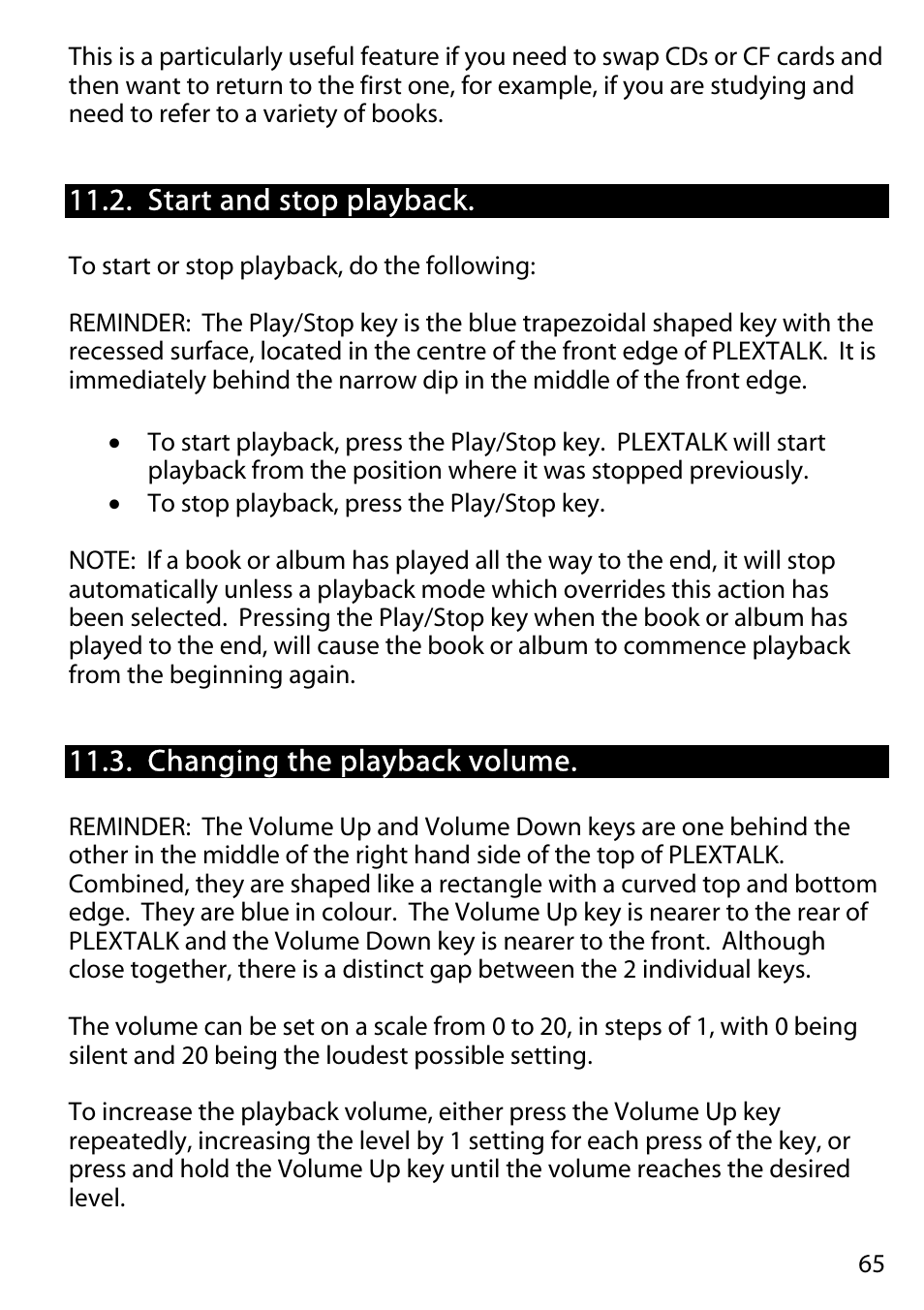 Start and stop playback, Changing the playback volume | Activeforever Plextalk PTR2 Digital DAISY Player and Recorder User Manual | Page 64 / 235