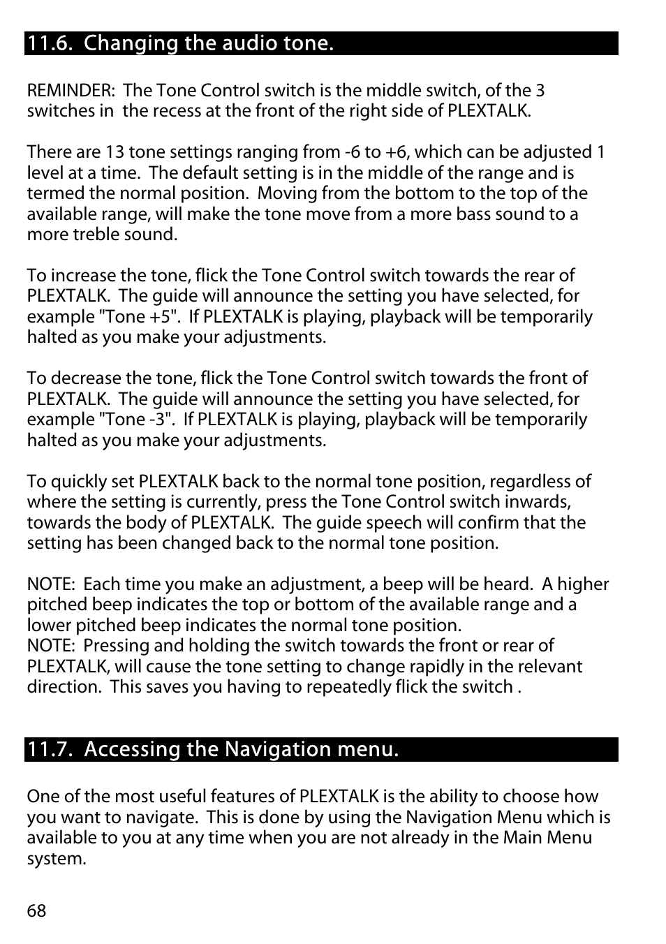 Changing the audio tone, Accessing the navigation menu | Activeforever Plextalk PTR2 Digital DAISY Player and Recorder User Manual | Page 67 / 235