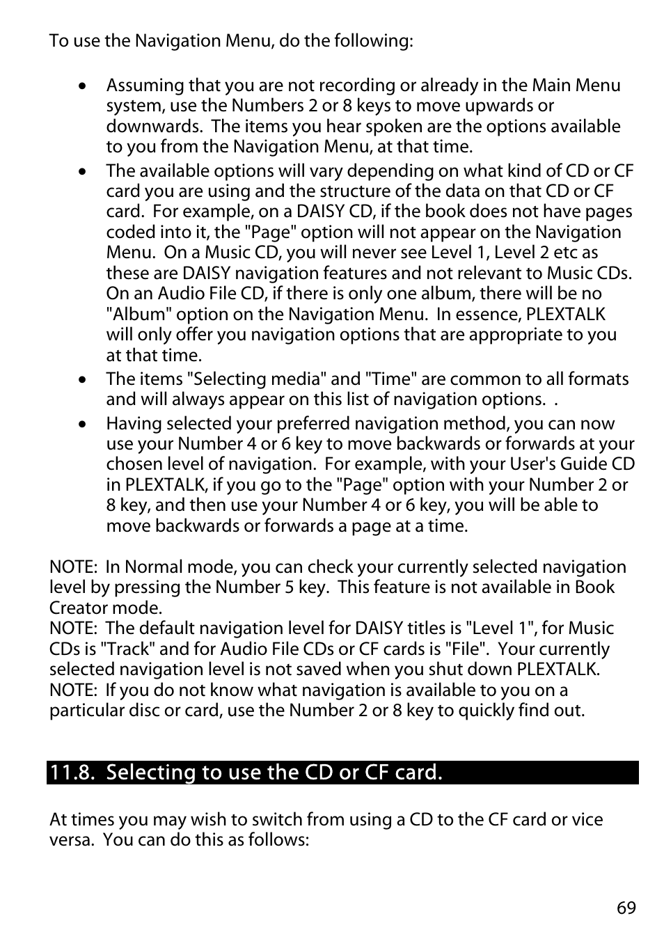 Selecting to use the cd or cf card | Activeforever Plextalk PTR2 Digital DAISY Player and Recorder User Manual | Page 68 / 235