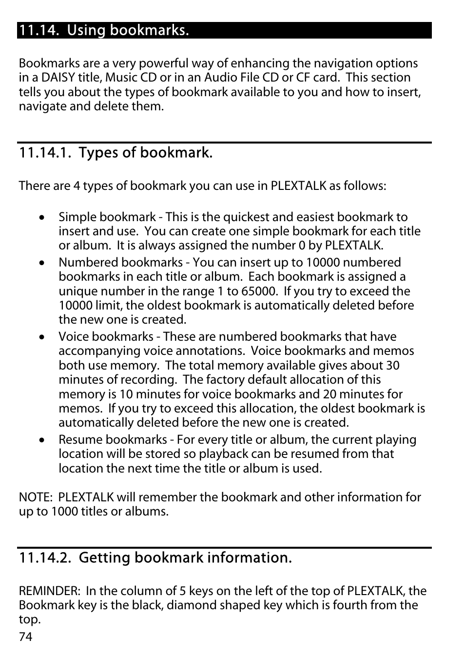 Using bookmarks, Types of bookmark, Getting bookmark information | Activeforever Plextalk PTR2 Digital DAISY Player and Recorder User Manual | Page 73 / 235