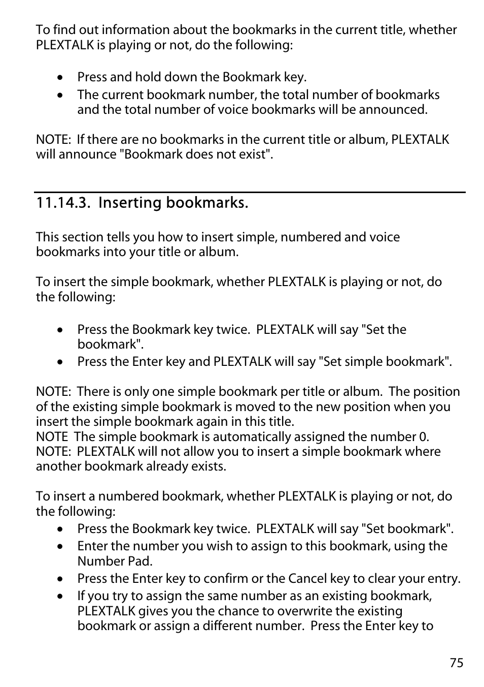 Inserting bookmarks | Activeforever Plextalk PTR2 Digital DAISY Player and Recorder User Manual | Page 74 / 235