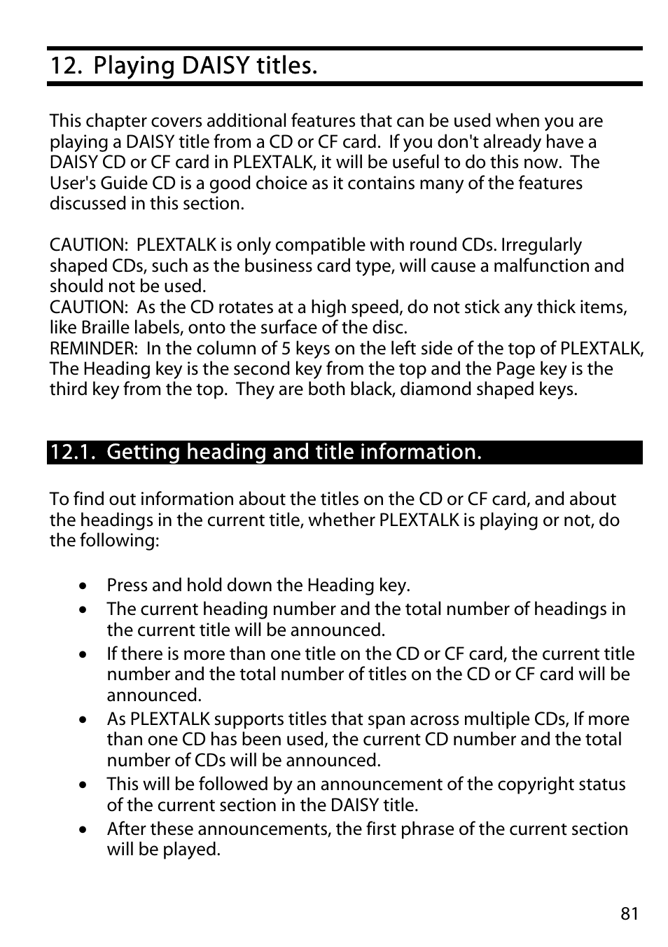 Playing daisy titles, Getting heading and title information | Activeforever Plextalk PTR2 Digital DAISY Player and Recorder User Manual | Page 80 / 235