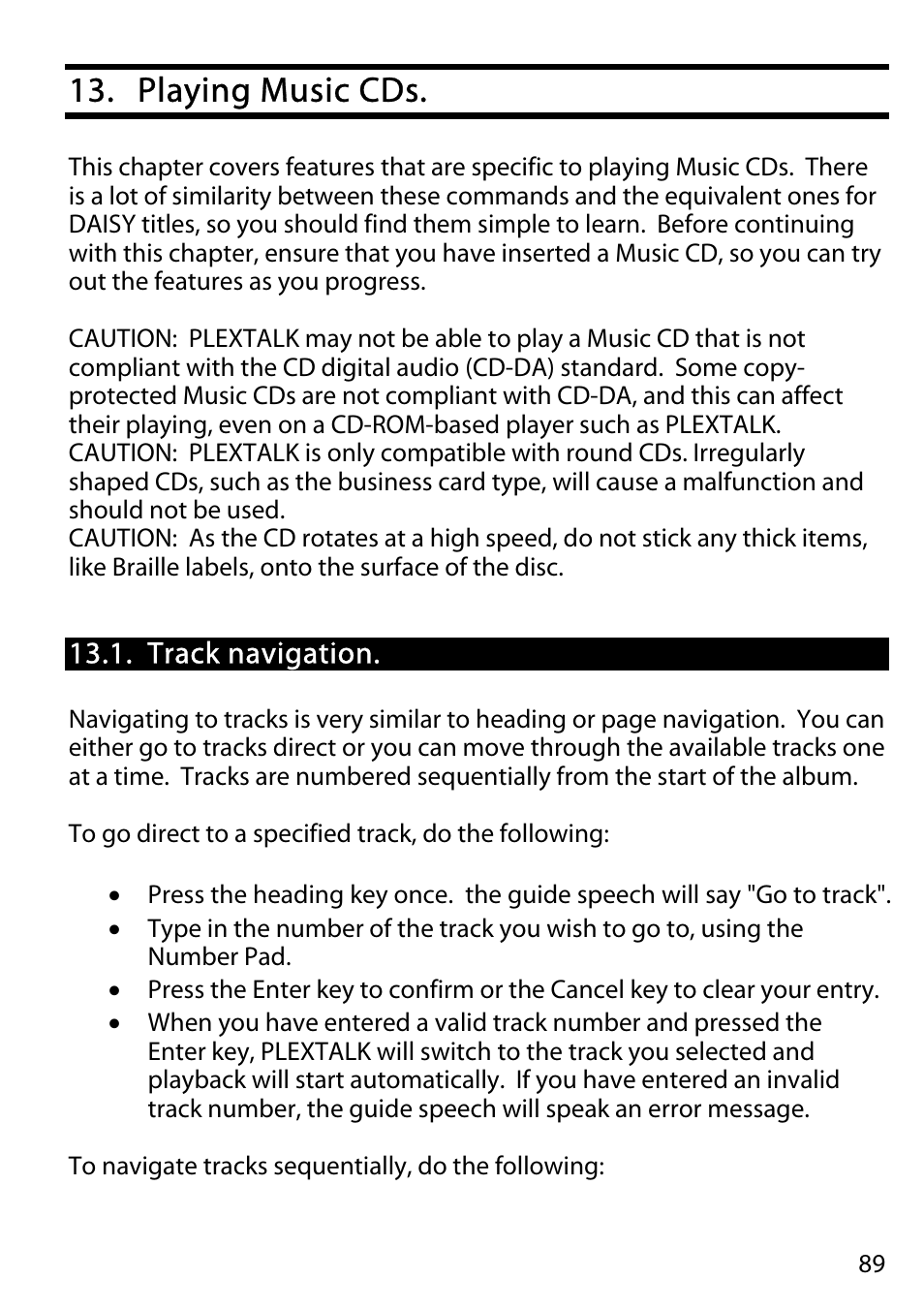 Playing music cds, Track navigation | Activeforever Plextalk PTR2 Digital DAISY Player and Recorder User Manual | Page 88 / 235