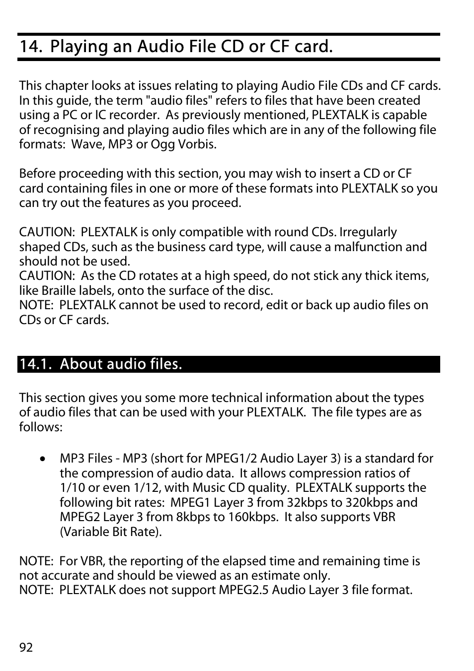Playing an audio file cd or cf card, About audio files | Activeforever Plextalk PTR2 Digital DAISY Player and Recorder User Manual | Page 91 / 235