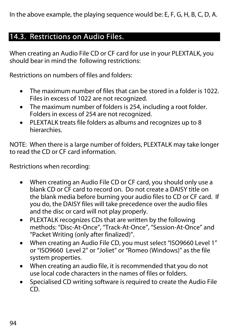 Restrictions on audio files | Activeforever Plextalk PTR2 Digital DAISY Player and Recorder User Manual | Page 93 / 235