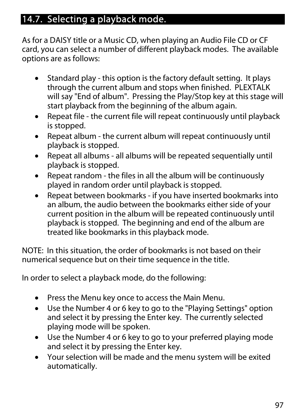 Selecting a playback mode | Activeforever Plextalk PTR2 Digital DAISY Player and Recorder User Manual | Page 96 / 235