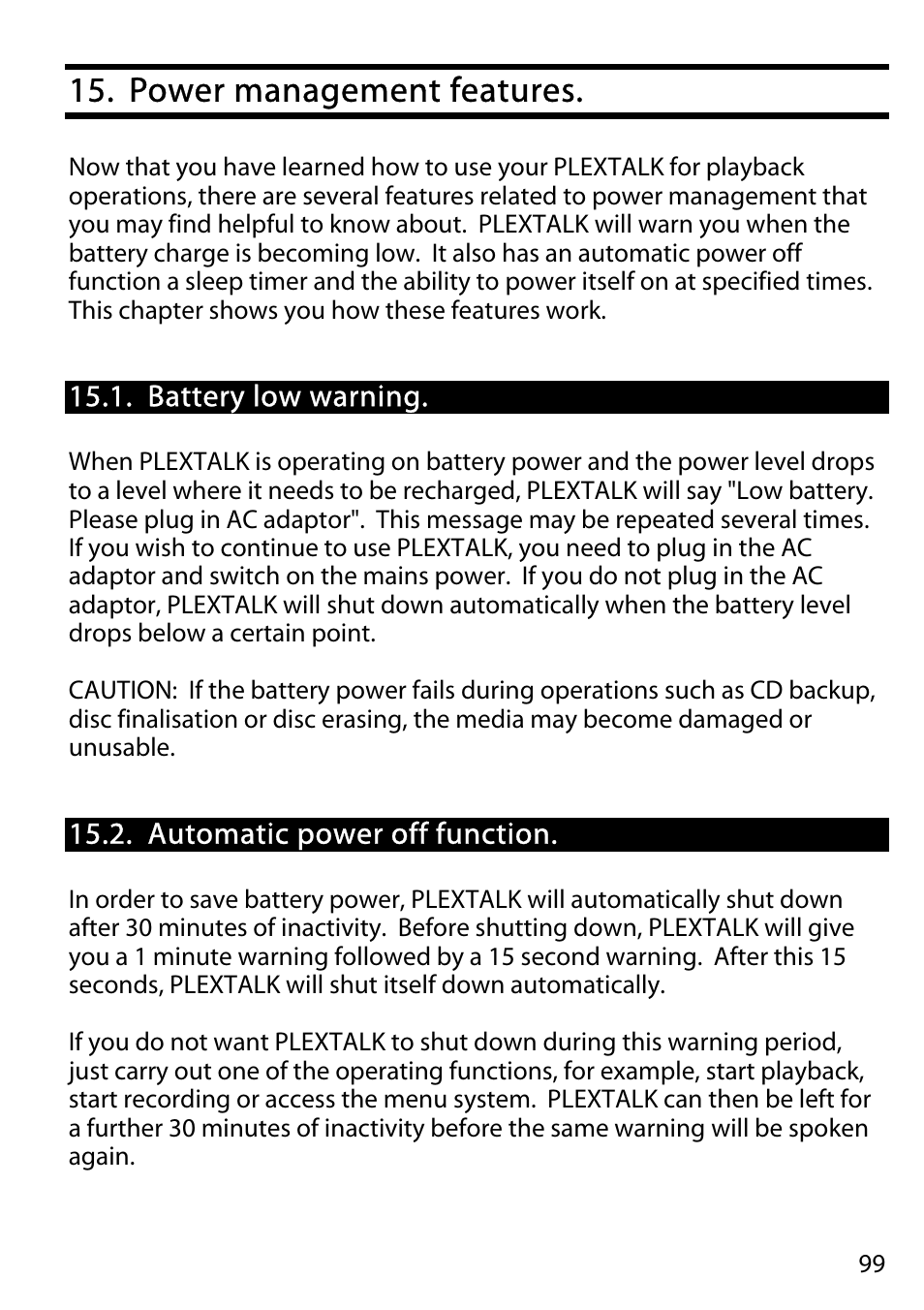 Power management features | Activeforever Plextalk PTR2 Digital DAISY Player and Recorder User Manual | Page 98 / 235