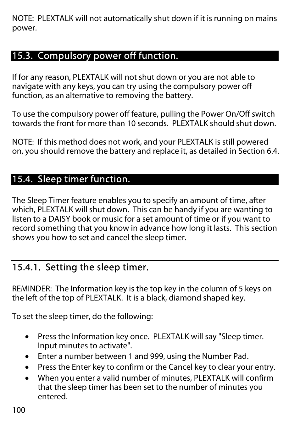 Compulsory power off function, Sleep timer function, Setting the sleep timer | Activeforever Plextalk PTR2 Digital DAISY Player and Recorder User Manual | Page 99 / 235
