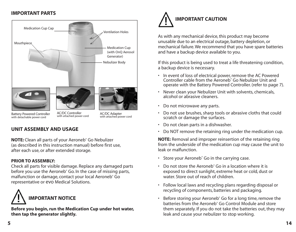 Important parts unit assembly and usage, Important notice, Important caution | Activeforever Aeroneb Go User Manual | Page 6 / 10