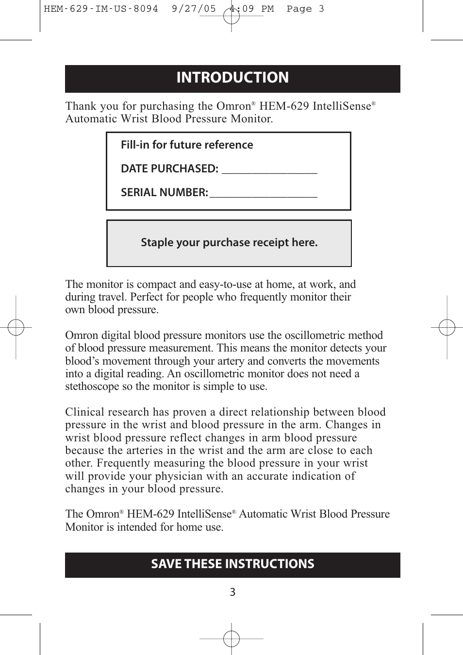 Introduction, Save these instructions | Activeforever Omron HEM-629 Wrist Blood Pressure Monitor User Manual | Page 3 / 22